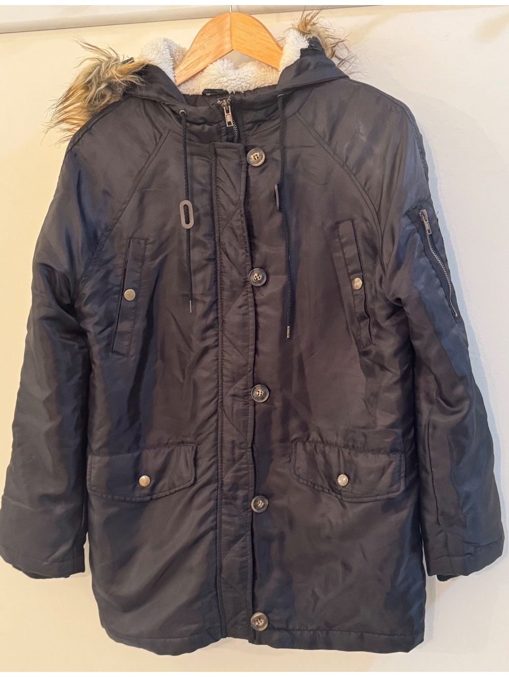 Forever 21 Women's Black Quilted Parka with Faux Fur Hood, Size S